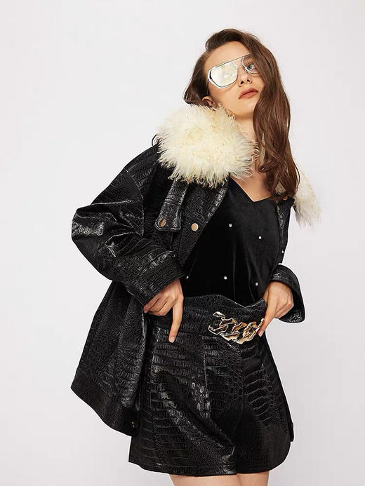 可拆卸毛领宽松鳄鱼纹皮衣夹克外套 商品图1