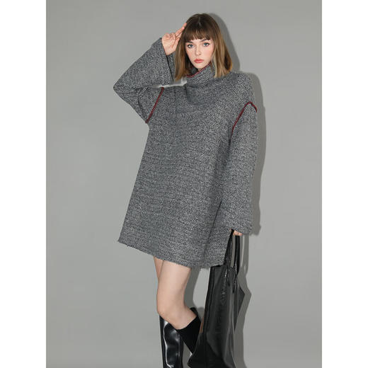 COCOBELLA撞色贝壳绣针织连衣裙女气质花纱高领毛衣裙FR0007 商品图3