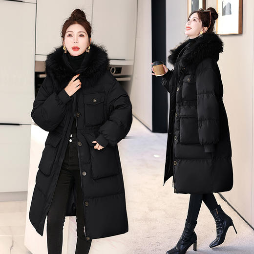 时尚设计感，冬季貉子毛领白鸭绒过膝连帽多口袋长款羽绒服HR-HBLJRD196 商品图4