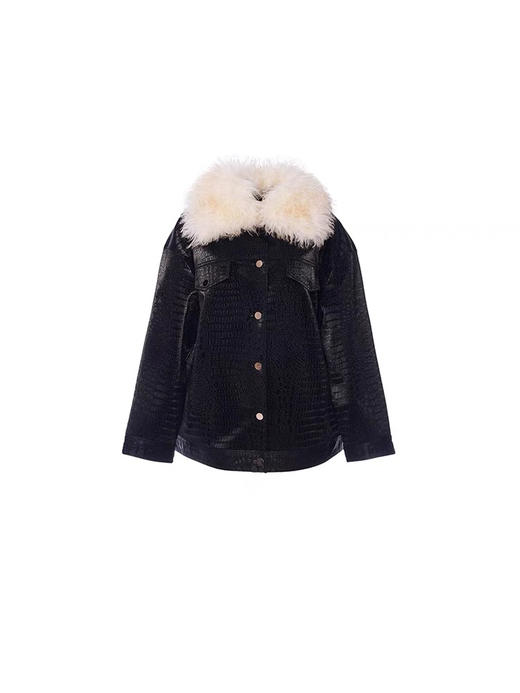 可拆卸毛领宽松鳄鱼纹皮衣夹克外套 商品图3