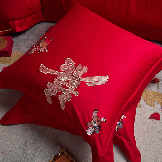 自然醒中式婚庆四件套全棉纯棉床单被套结婚床上用品新婚大红婚嫁40支GDS 商品图9