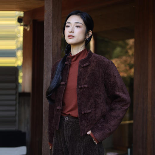 绽放994/深咖色复古高级感新中式圆领盘扣自发热灯芯绒棉服 商品图0