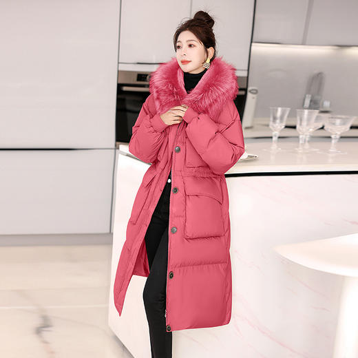 时尚设计感，冬季貉子毛领白鸭绒过膝连帽多口袋长款羽绒服HR-HBLJRD196 商品图9