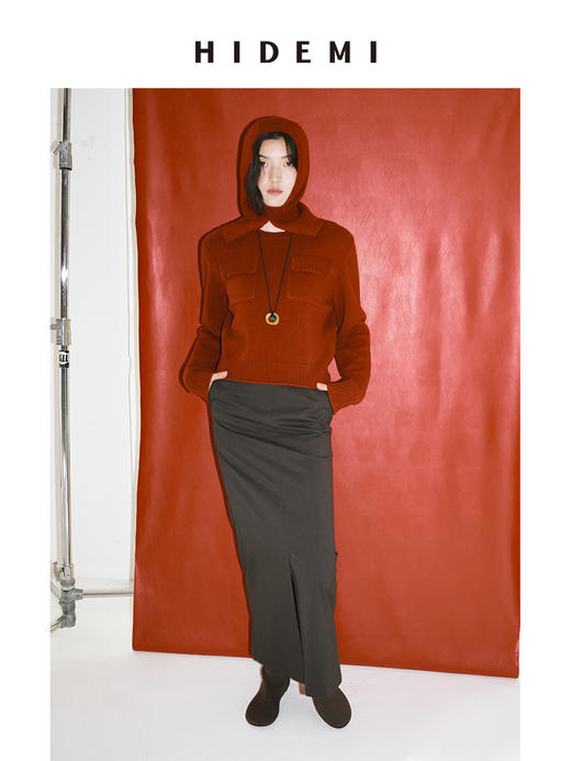 HIDEMI 节日系列美利奴羊毛工装口袋设计感短款毛衣 深巧棕/车厘子红 商品图0