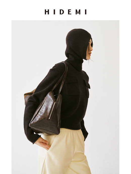 HIDEMI 节日系列美利奴羊毛脖套设计感针织帽圆帽 深巧棕/车厘子红 商品图11