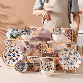 【匠心手绘！盘碟礼盒套装】中国风釉下彩工艺，健康不掉色不脱落，清新花卉，三餐为伴！中式美学！碗盘精美餐具套餐，龙年新年春节年货送礼优选