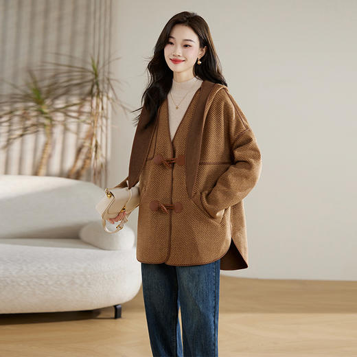 冬上新气质深V领高级感时髦减龄中长款纯色羊毛呢外套HR-WY82329 商品图3