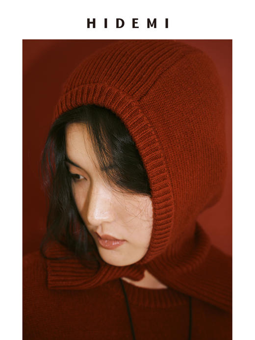 HIDEMI 节日系列美利奴羊毛脖套设计感针织帽圆帽 深巧棕/车厘子红 商品图1