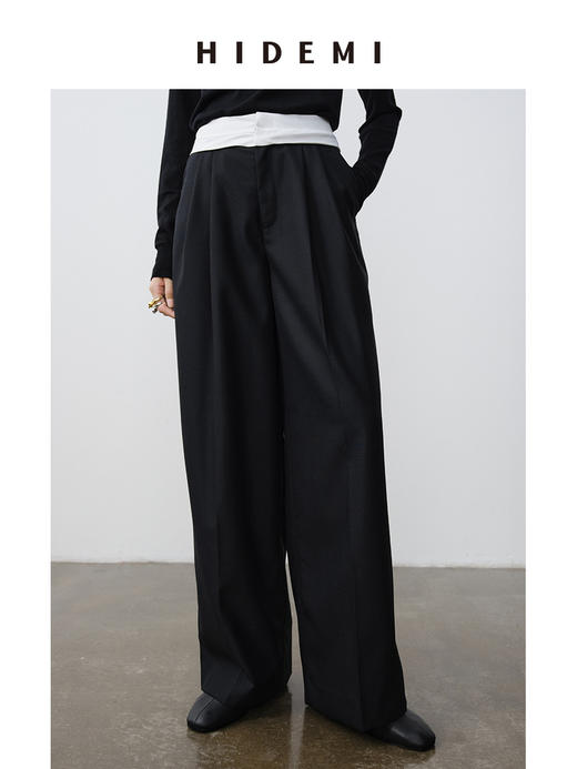 HIDEMI 极简设计感外露式拼接白色腰头中低腰阔腿西裤 商品图1