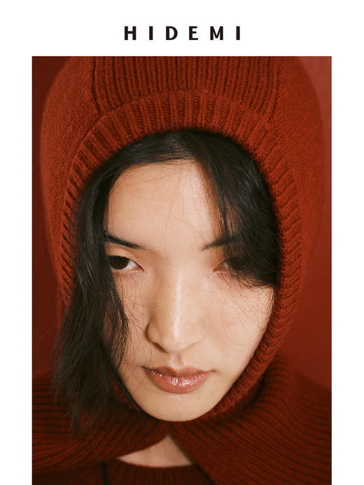 HIDEMI 节日系列美利奴羊毛脖套设计感针织帽圆帽 深巧棕/车厘子红 商品图2