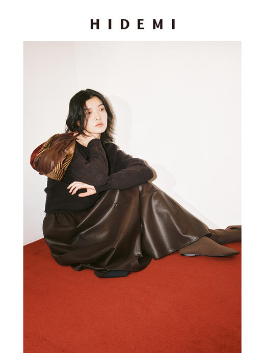 HIDEMI 【吴昕同款】节日系列深巧棕限定色松紧带褶皱皮裙半身裙 商品图5