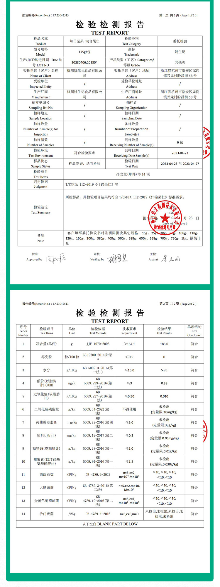 sgs检测报告食品图片