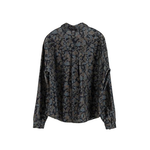 绽放813朵/复古黑咖印花棉质灯芯绒翻领开襟长袖宽松文艺衬衫 商品图3