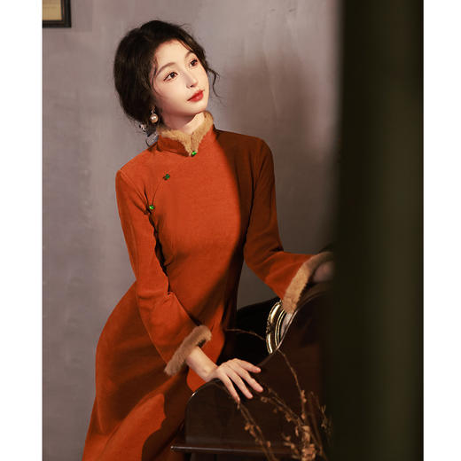 加厚橙色高端年轻款，高级感长袖日常旗袍LSB-2390 商品图1