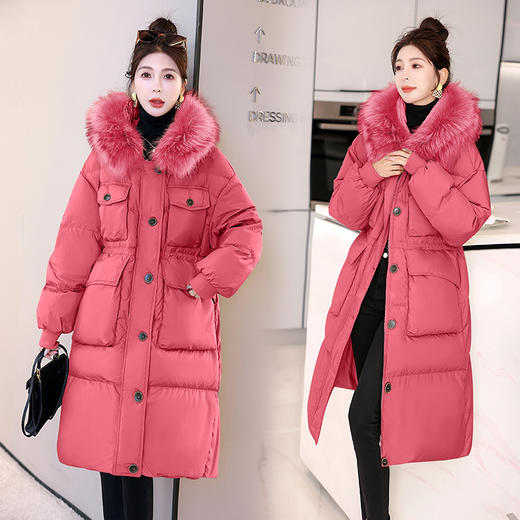 时尚设计感，冬季貉子毛领白鸭绒过膝连帽多口袋长款羽绒服HR-HBLJRD196 商品图5
