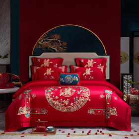 自然醒中式婚庆四件套全棉纯棉床单被套结婚床上用品新婚大红婚嫁40支GDS