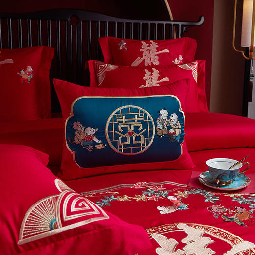 自然醒中式婚庆四件套全棉纯棉床单被套结婚床上用品新婚大红婚嫁40支GDS 商品图12