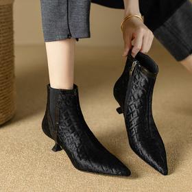 法式尖头猫跟短靴，马毛踝靴复古显瘦靴XKDY-X2175