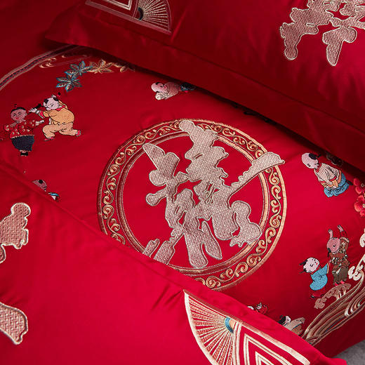 自然醒中式婚庆四件套全棉纯棉床单被套结婚床上用品新婚大红婚嫁40支GDS 商品图7