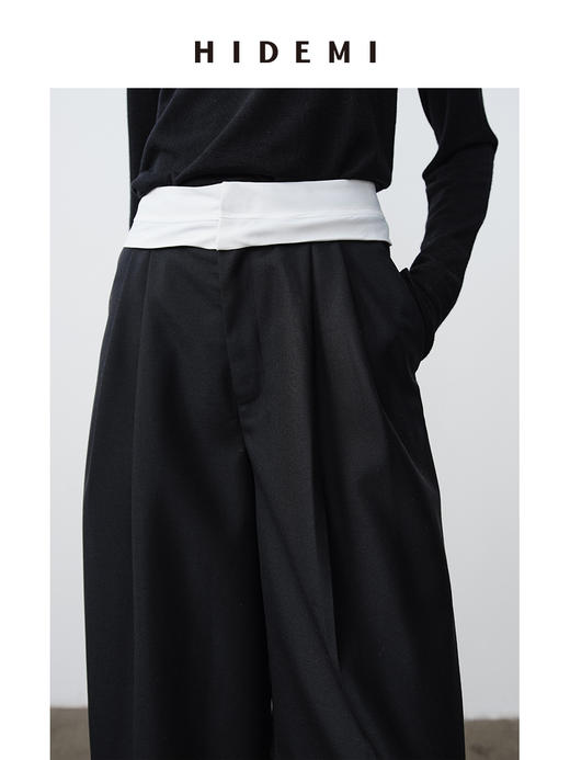 HIDEMI 极简设计感外露式拼接白色腰头中低腰阔腿西裤 商品图3