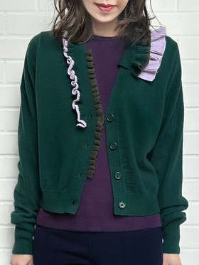 TYNVIE 撞色荷叶边装饰羊绒开衫- 墨绿