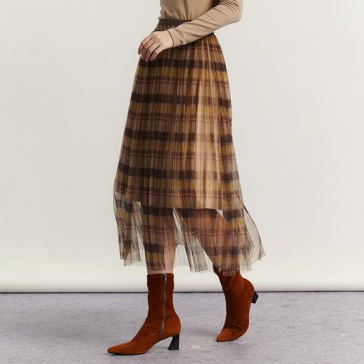 谜底格子半身裙女2023冬季新品复古浪漫网纱拼接中长裙234MB1569 商品图3