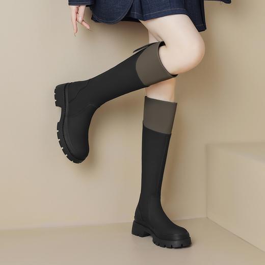 ZHR长筒靴女靴2023秋冬新款加绒保暖休闲百搭拼色厚底显瘦骑士靴 商品图3