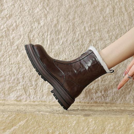 时装真皮女鞋，粗跟加厚绒前拉链短靴NJMK-K802M 商品图1