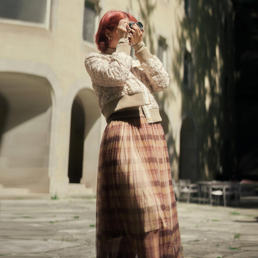 谜底格子半身裙女2023冬季新品复古浪漫网纱拼接中长裙234MB1569 商品图0