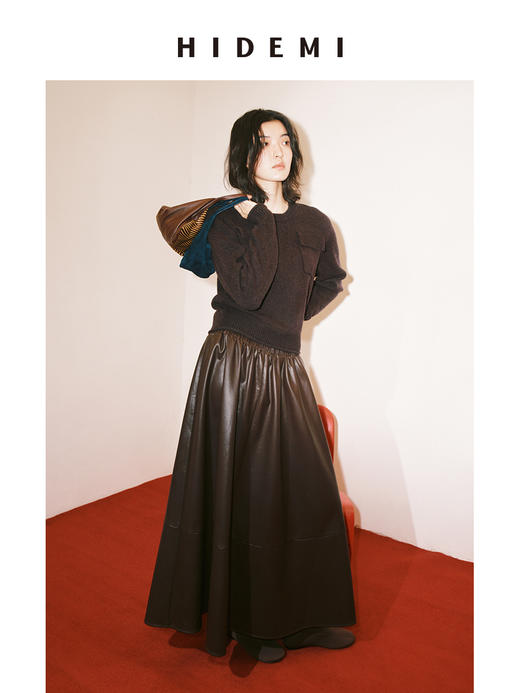 HIDEMI 【吴昕同款】节日系列深巧棕限定色松紧带褶皱皮裙半身裙 商品图0