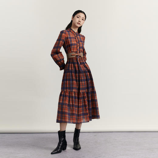 谜底格子连衣裙长袖2023冬季新品复古浪漫大摆型长裙女234ML1566 商品图3
