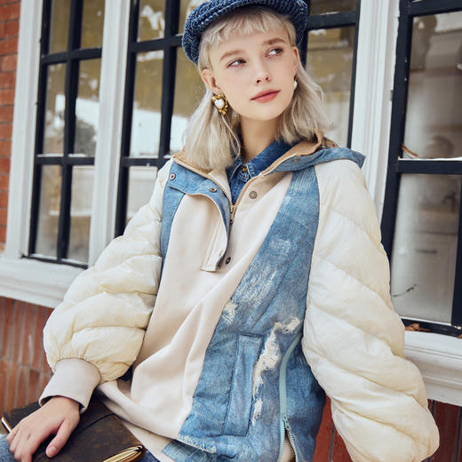 谜底连帽羽绒服女2023冬新款时尚拼接大廓形中长款鸭绒234MY1591 商品图1