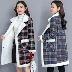 TZF-QQ大码女装秋冬季韩版加绒加厚胖mm200斤中长款仿羊羔绒外套大衣