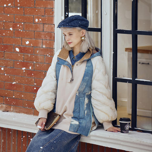 谜底连帽羽绒服女2023冬新款时尚拼接大廓形中长款鸭绒234MY1591 商品图0