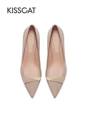 接吻猫新款通勤高跟鞋金属感优雅拼接饰扣尖头细跟单鞋女