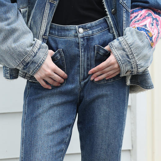 谜底牛仔喇叭裤女2023冬新品复古高腰百搭磨毛开叉长裤234MK1520 商品图3