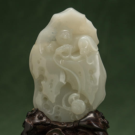 和田玉雕童子戏莲山子摆件（红木座） 商品图1