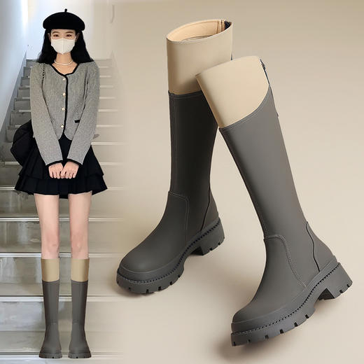 ZHR长筒靴女靴2023秋冬新款加绒保暖休闲百搭拼色厚底显瘦骑士靴 商品图4