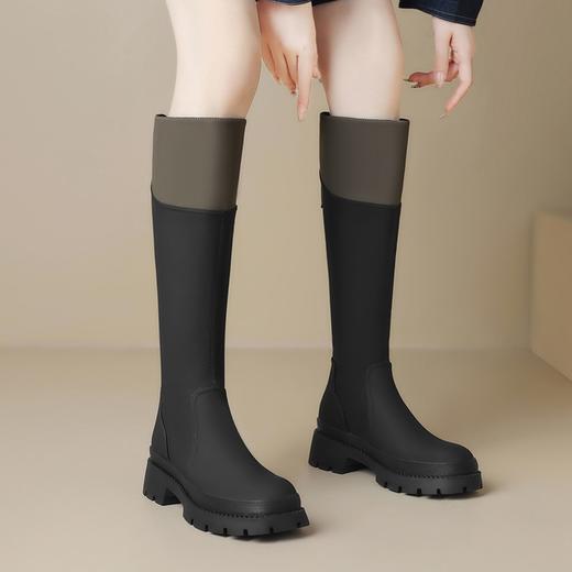 ZHR长筒靴女靴2023秋冬新款加绒保暖休闲百搭拼色厚底显瘦骑士靴 商品图1