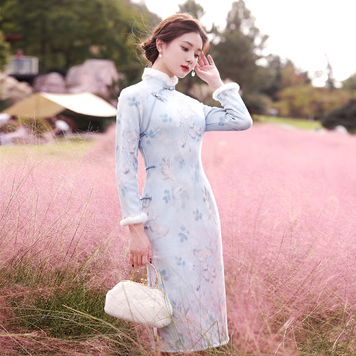 曼丽绒长款温婉少女，毛茸茸日常文艺风气质旗袍MLS-6821 商品图3