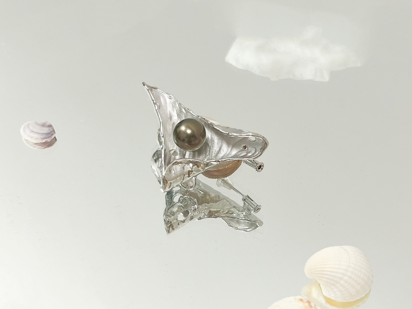 「几何」大溪地珍珠银胸针