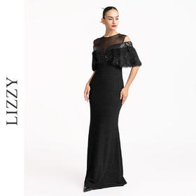LIZZY优雅轻奢斗篷袖修身显瘦黑色礼服宴会婚庆派对长款连衣裙7194