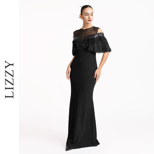 LIZZY优雅轻奢斗篷袖修身显瘦黑色礼服宴会婚庆派对长款连衣裙7194 商品图0