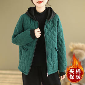 AHM- ypxs8637韩版菱形格连帽棉衣2023冬季新款时尚复古气质休闲夹棉保暖外套