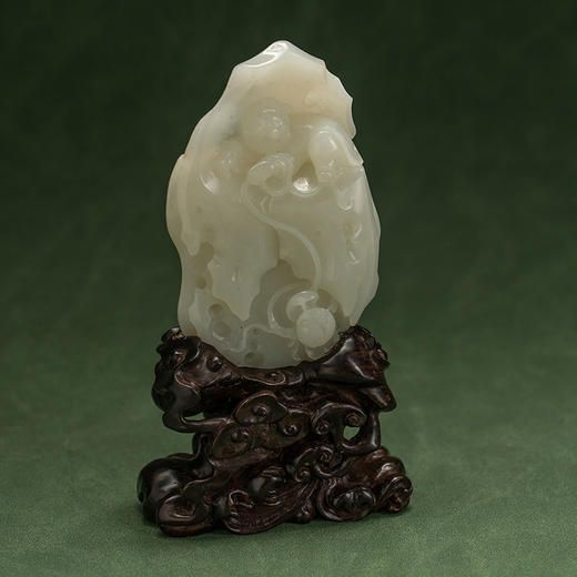 和田玉雕童子戏莲山子摆件（红木座） 商品图3