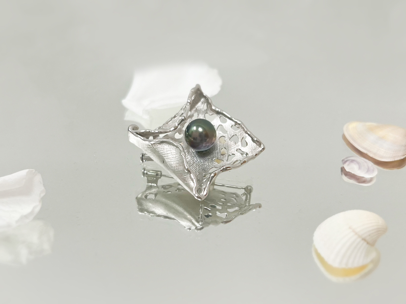 「几何」大溪地黑珍珠银胸针