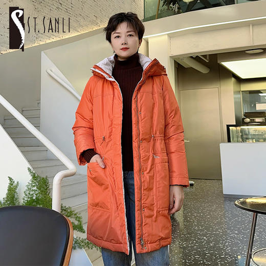 圣三利女装新秋冬季连帽休闲桔色中长款羽绒服SL121S03 商品图0