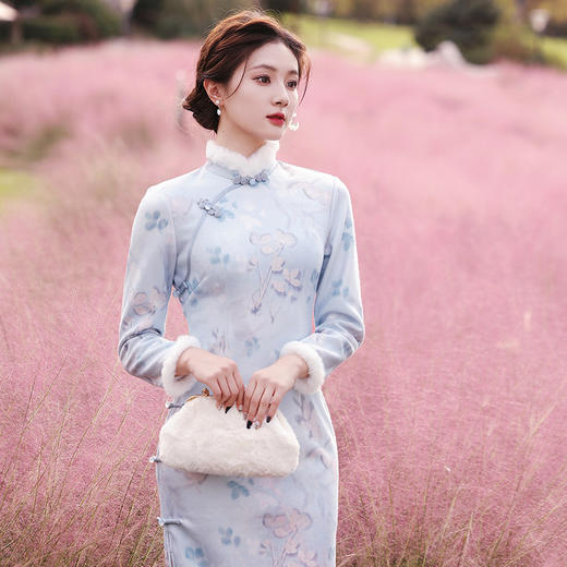 曼丽绒长款温婉少女，毛茸茸日常文艺风气质旗袍MLS-6821 商品图4