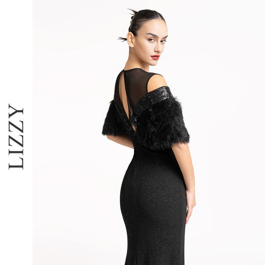 LIZZY优雅轻奢斗篷袖修身显瘦黑色礼服宴会婚庆派对长款连衣裙7194 商品图3