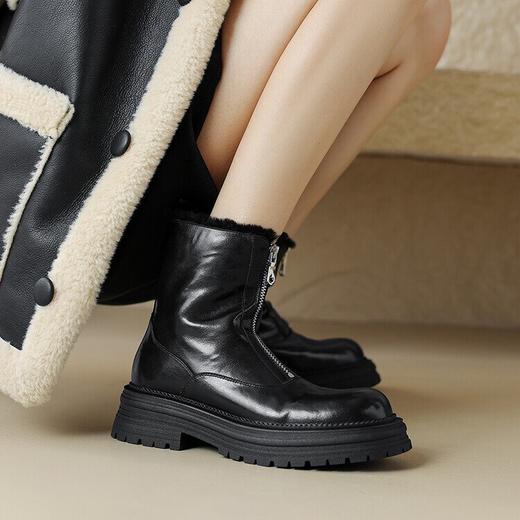 时装真皮女鞋，粗跟加厚绒前拉链短靴NJMK-K802M 商品图2
